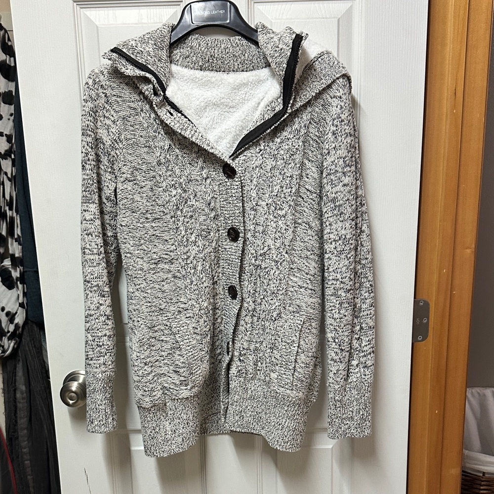 Cozy Gray Knit Cardigan with Hood
